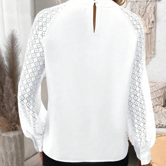 EMERY ROSE Lace Raglan Long Sleeve Blouse, pleated front, button detail, LG - Picture 2 of 8